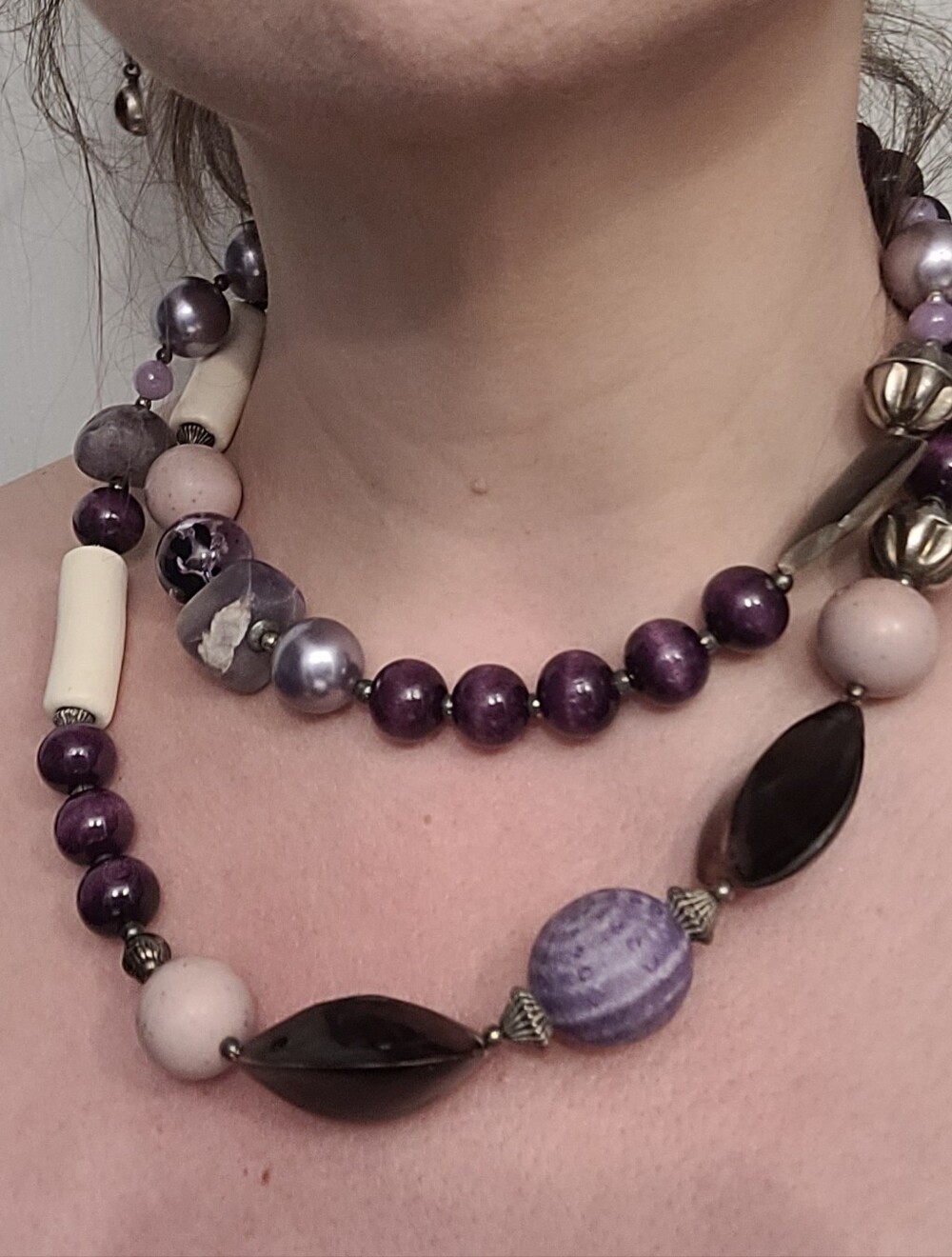 Artisan Mixed Media Statement Necklace | Purple Wood, Shell, Amethyst Nuggets
